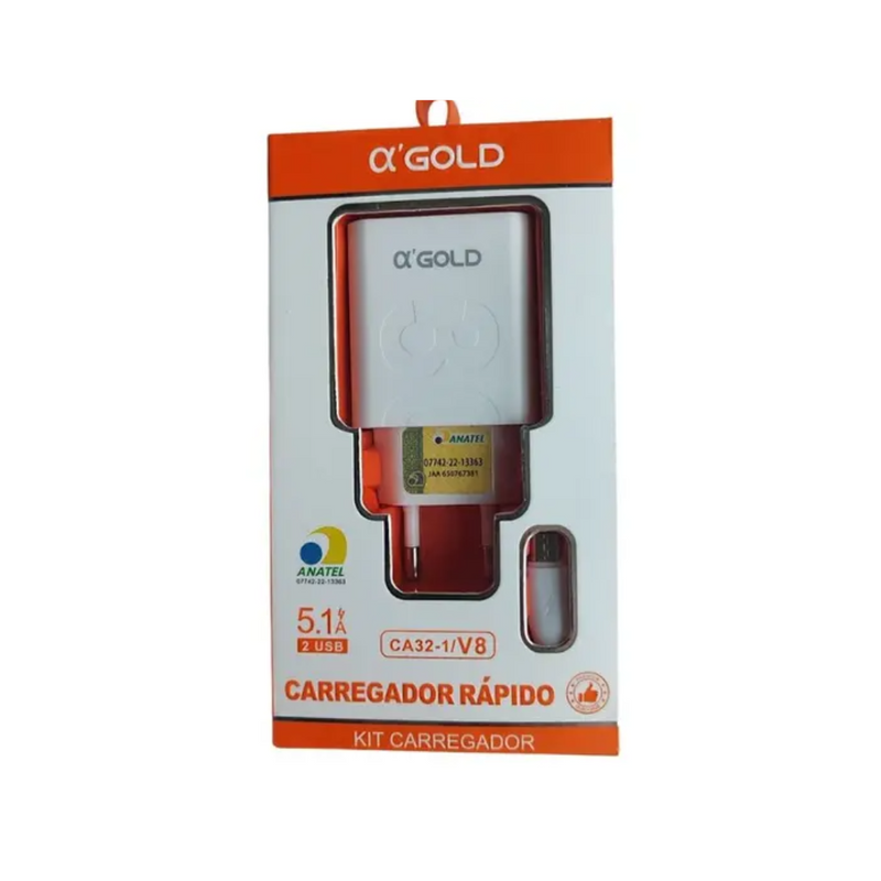 Carregador V8 Rápido a’GOLD 5.1A com 2 USB