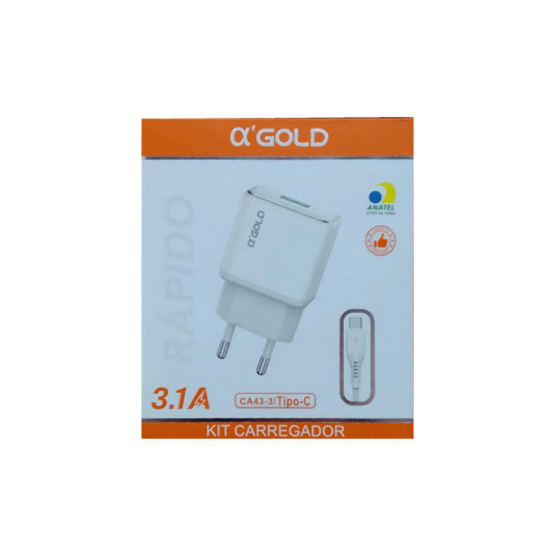 Carregador Tipo C Rápido a’GOLD 3.1A CA43-3, 1 metro